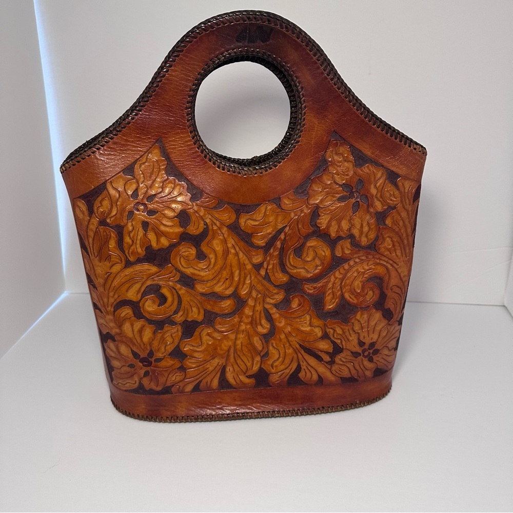 Vintage Brown Tooled Leather Floral Embossed Handbag/Bucket Bag, Boho, Artsy